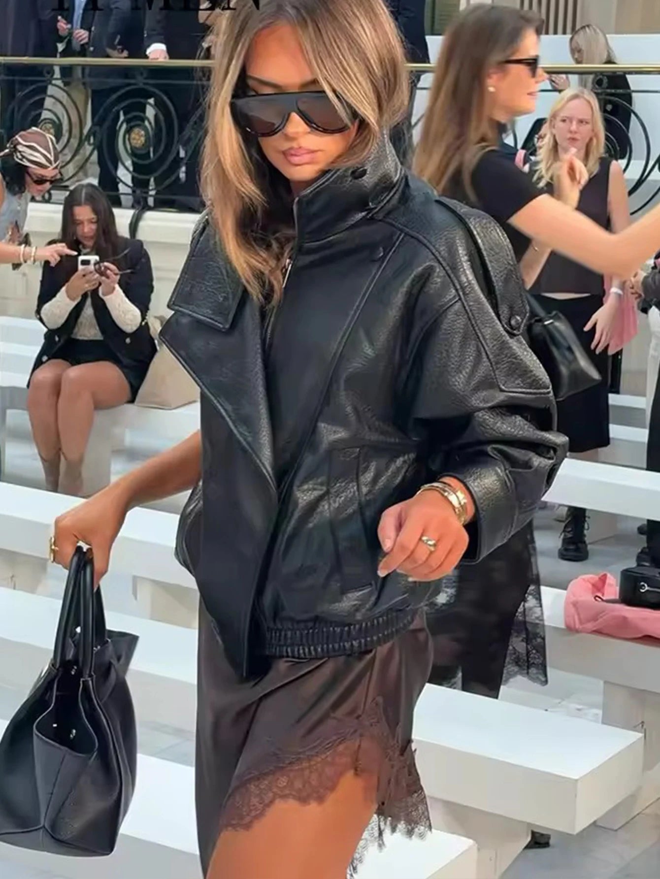 Chic Black Faux Leather Oversized Jacket