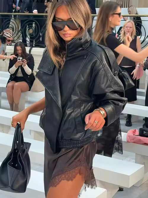 Chic Black Faux Leather Oversized Jacket