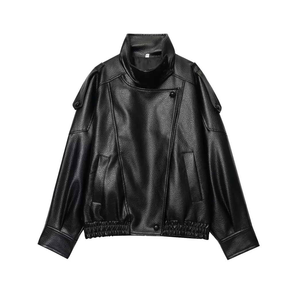 Chic Black Faux Leather Oversized Jacket